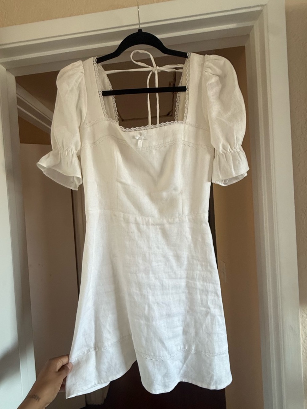 Reformation White Puff-Sleeve Square Neck Mini Dress